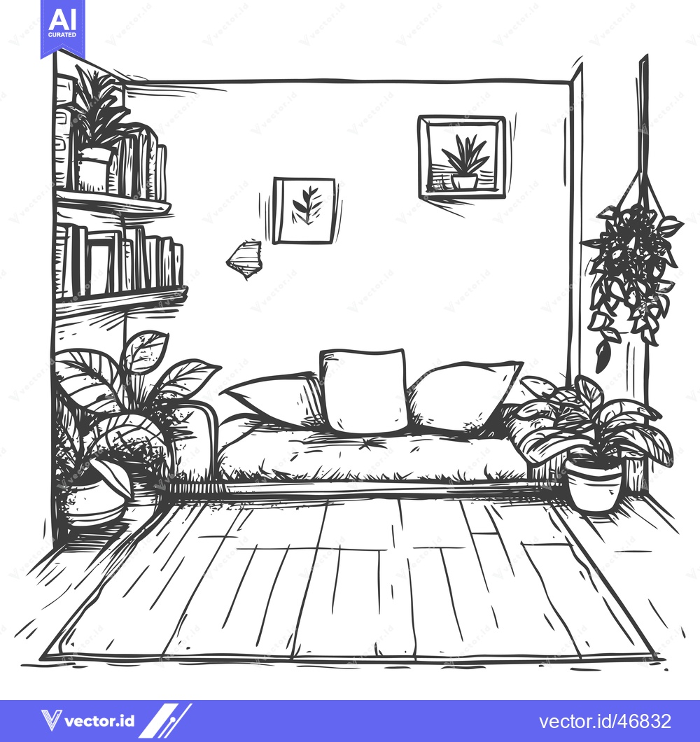 Premium Vector of Hand-drawn sketch of a living room with a couch, plants, and bookshelv