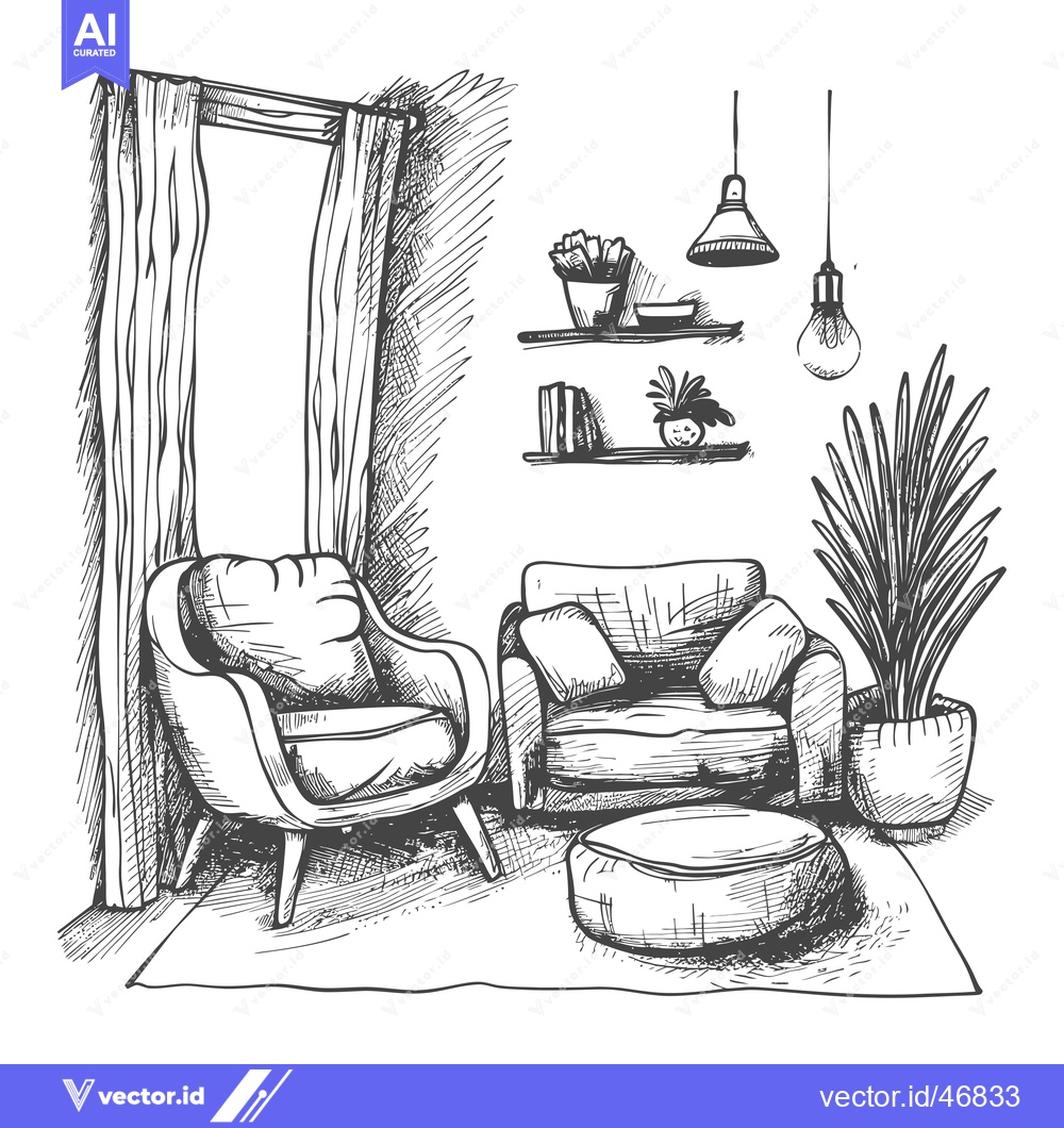 Premium Vector dari Hand-drawn sketch of a living room with armchairs, plants, and lamps