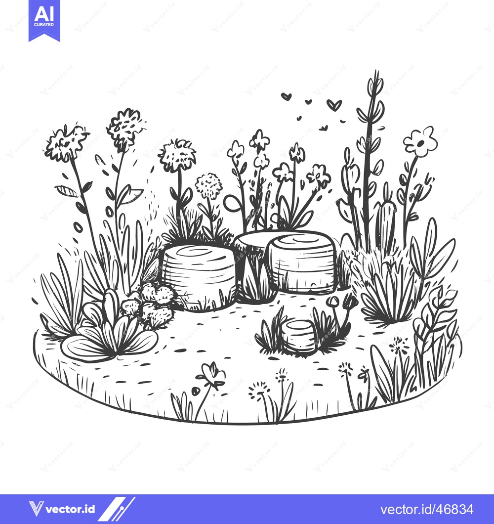 Premium Vector of Hand-Drawn Sketch of a Lush Garden with Flower Clusters and Tree Stump