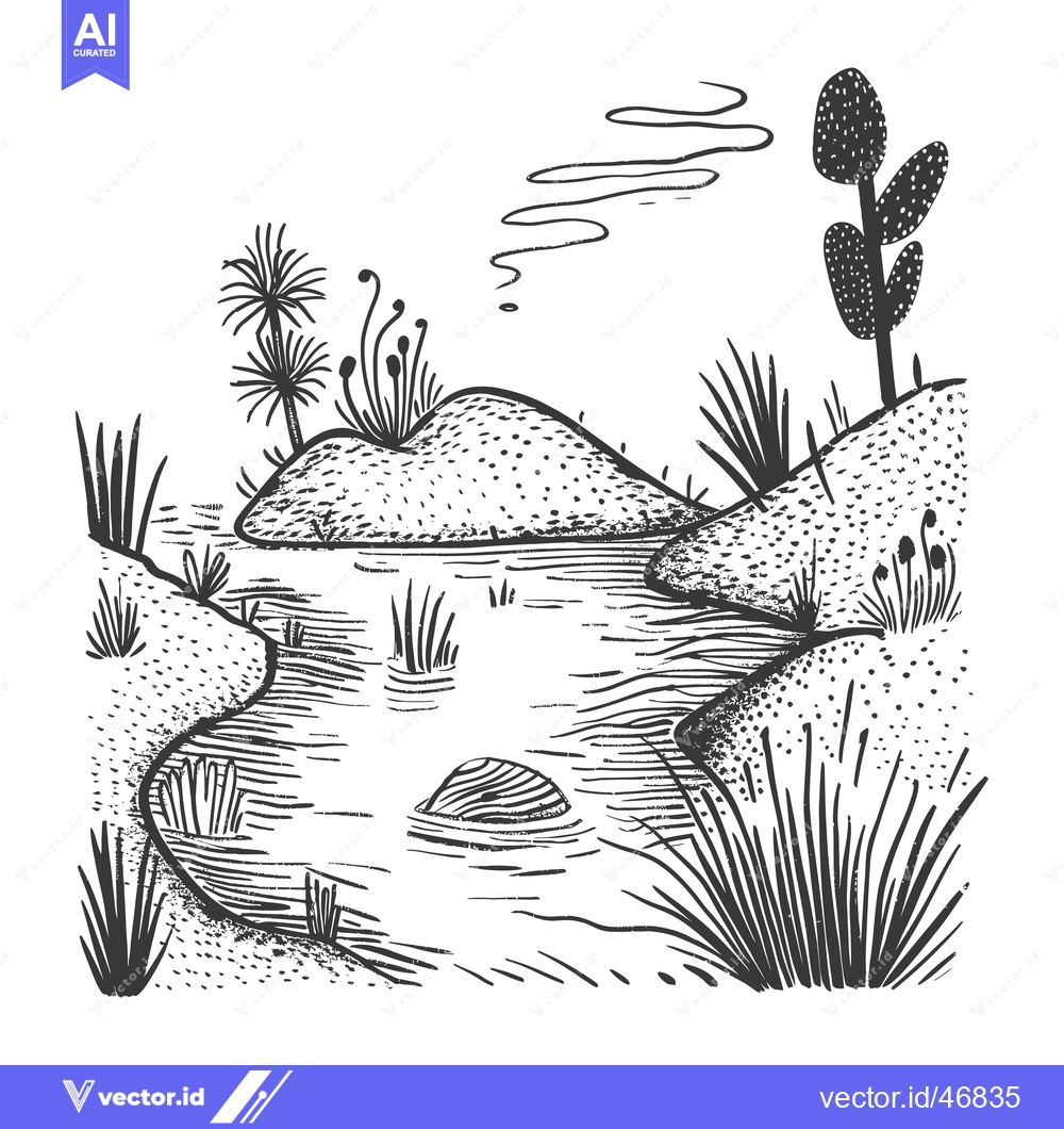 Premium Vector of Hand-Drawn Sketch of a Lush Landscape with a Winding Creek