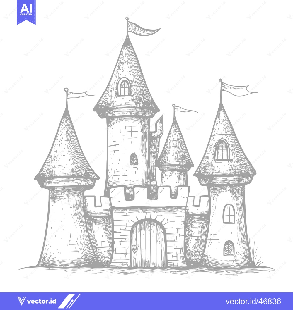 Premium Vector of Hand-Drawn Sketch of a Majestic Stone Castle with Flags