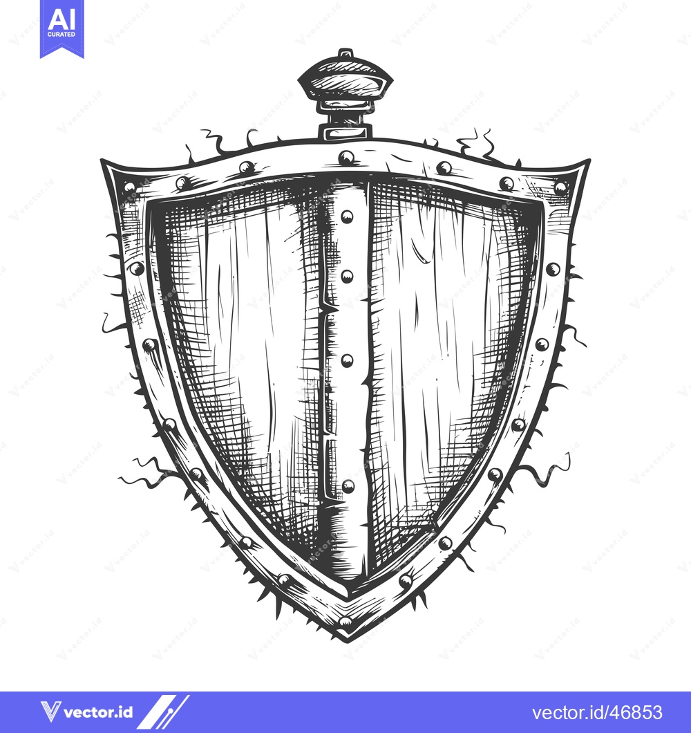 Premium Vector dari Hand-Drawn Sketch of a Medieval Wooden Shield with Metal Trim and Spik