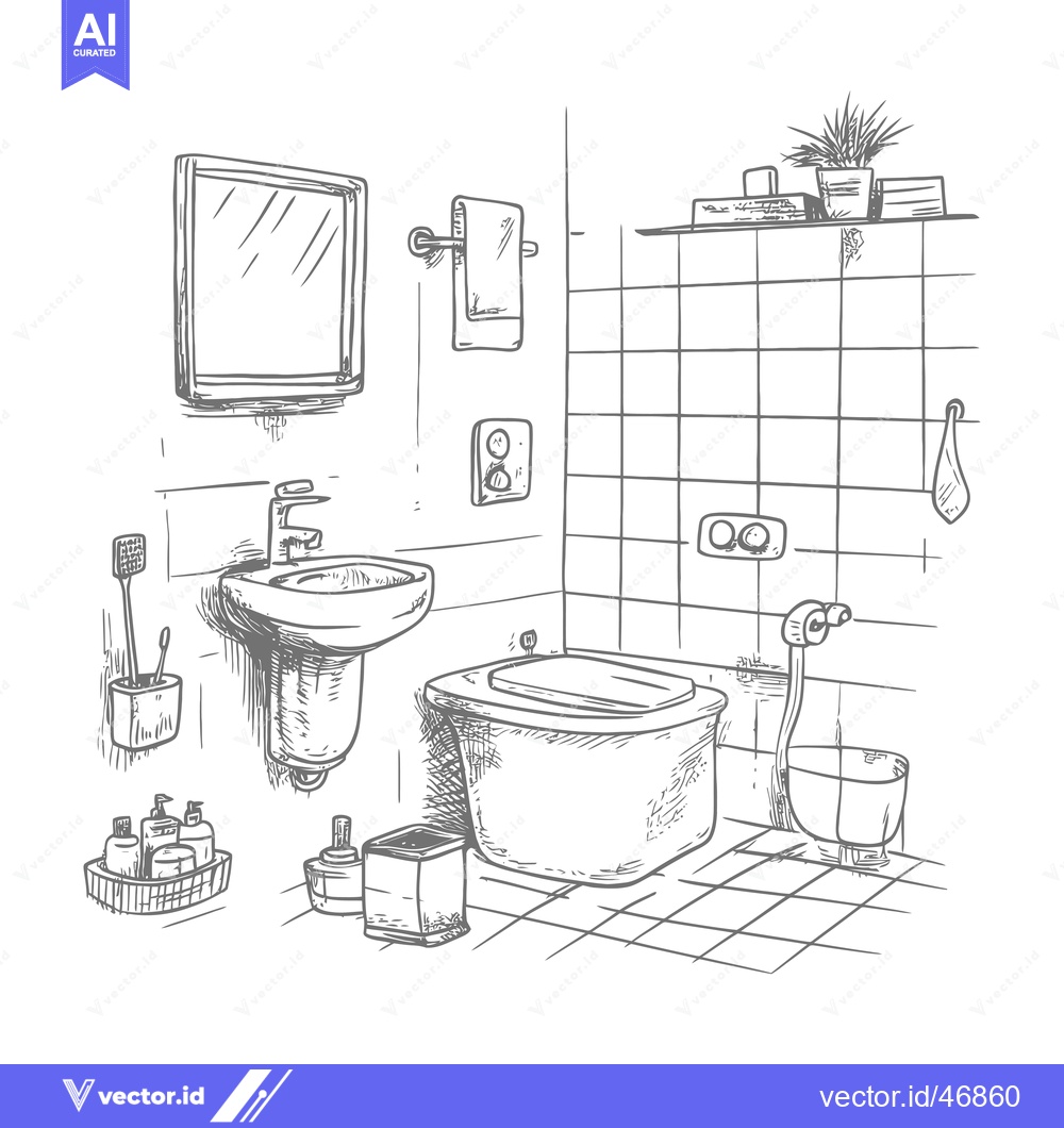 Premium Vector of Hand-Drawn Sketch of a Modern Bathroom with Toilet, Sink, and Accessor