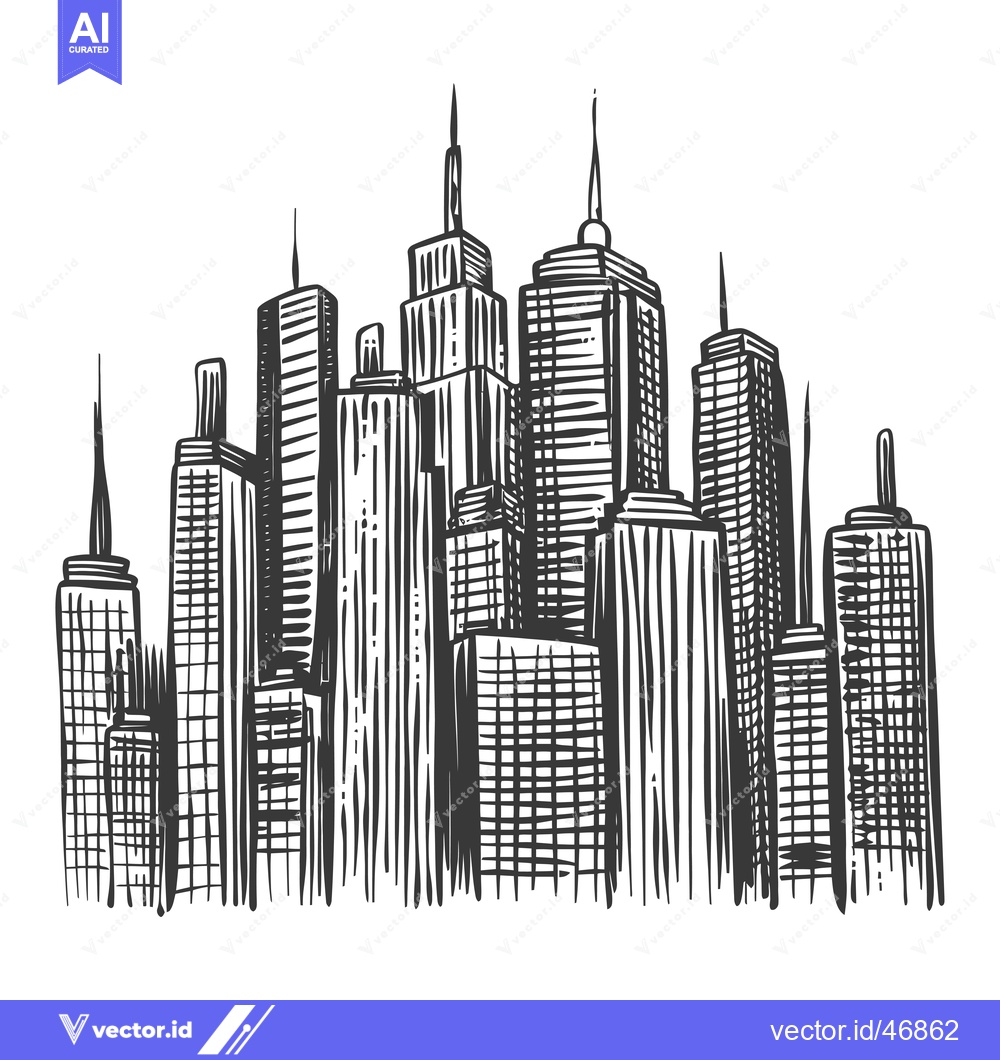 Premium Vector of Hand-Drawn Sketch of a Modern City Skyline with Tall Buildings