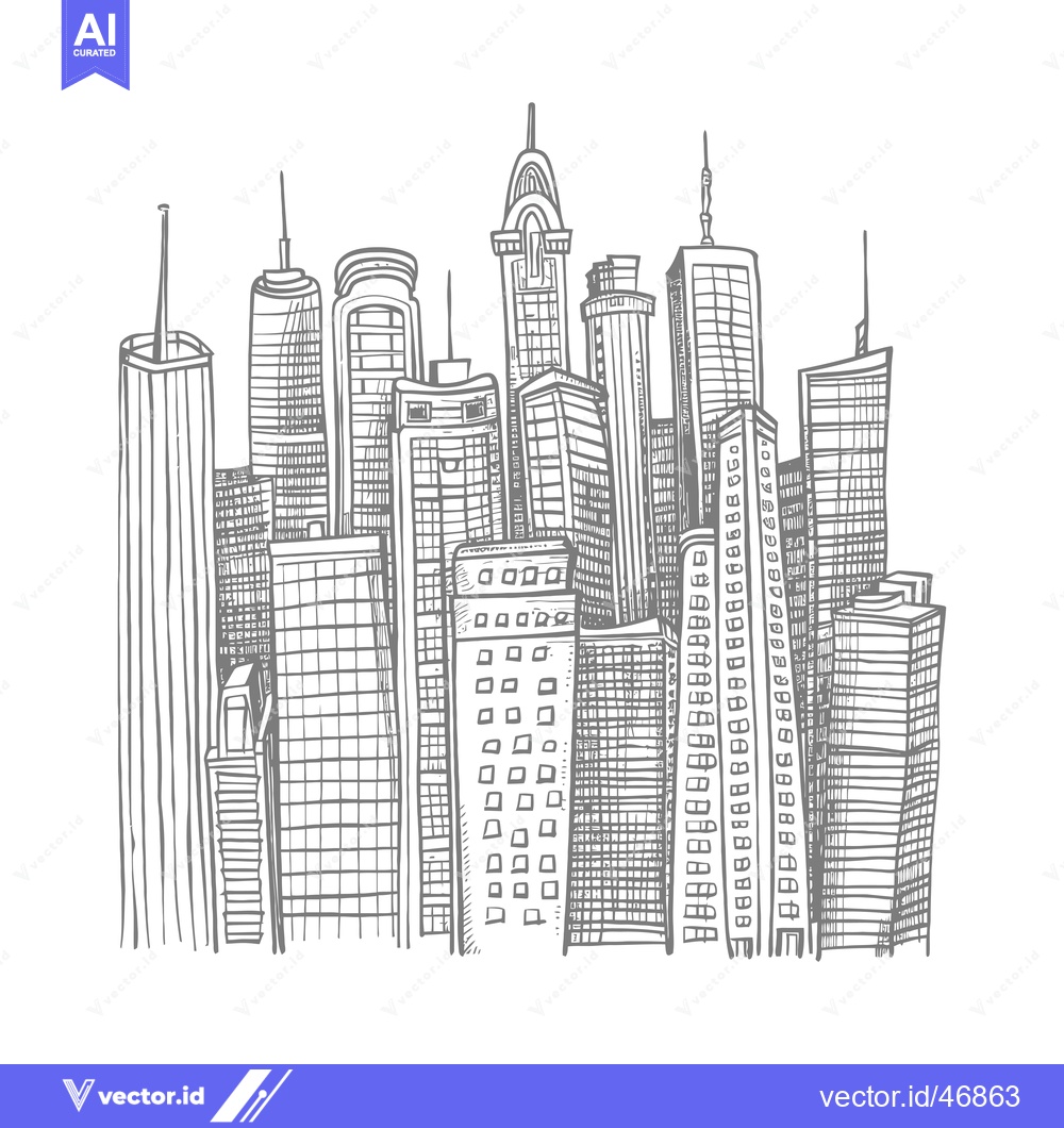 Premium Vector of Hand-Drawn Sketch of a Modern City Skyline with Tall Buildings