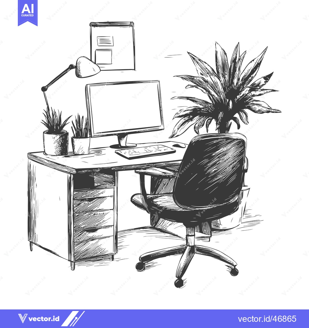 Premium Vector dari Hand-drawn Sketch of a Modern Office Workspace with a Computer, Desk,