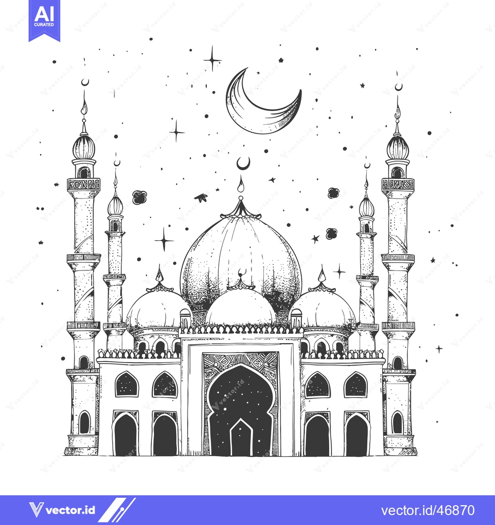 Premium Vector dari Hand-Drawn Sketch of a Mosque Under a Crescent Moon and Stars