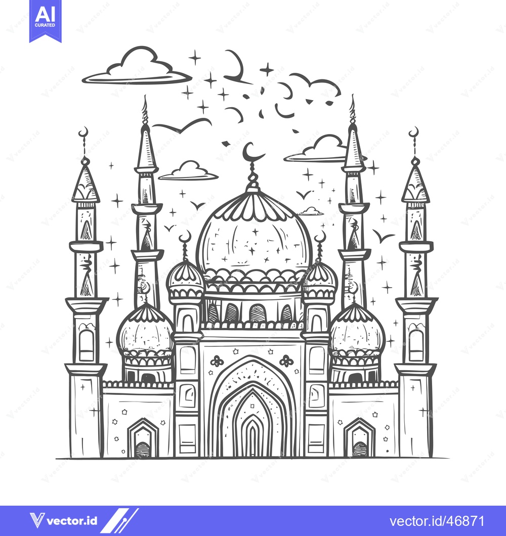 Premium Vector of Hand-drawn sketch of a mosque with minarets and a crescent moon
