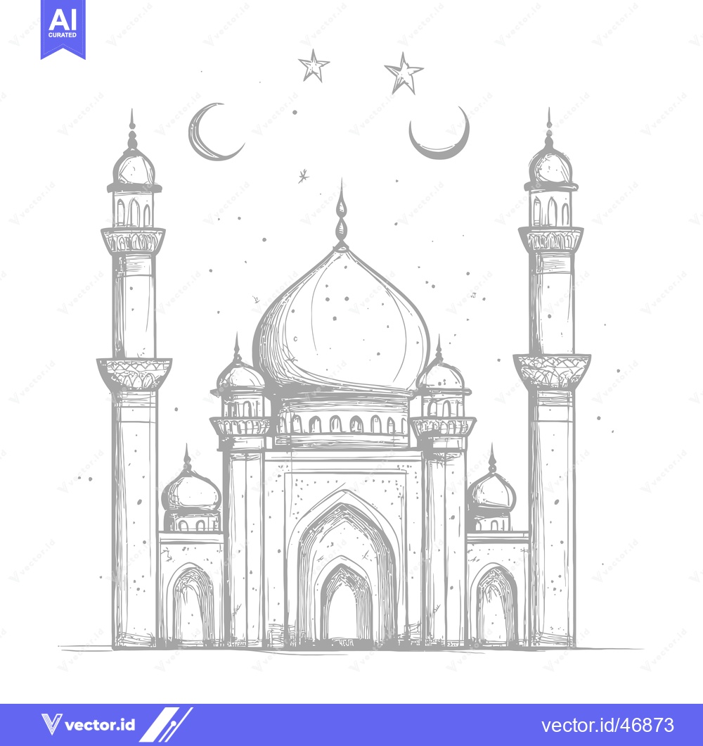 Premium Vector dari Hand-Drawn Sketch of a Mosque with Minarets and a Starry Sky