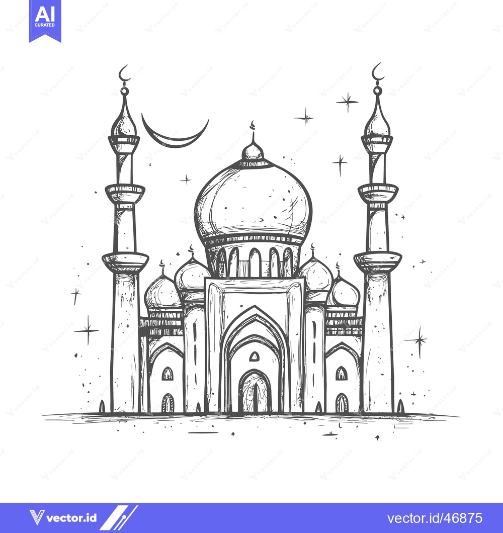 Premium Vector of Hand-drawn sketch of a mosque with minarets under a crescent moon