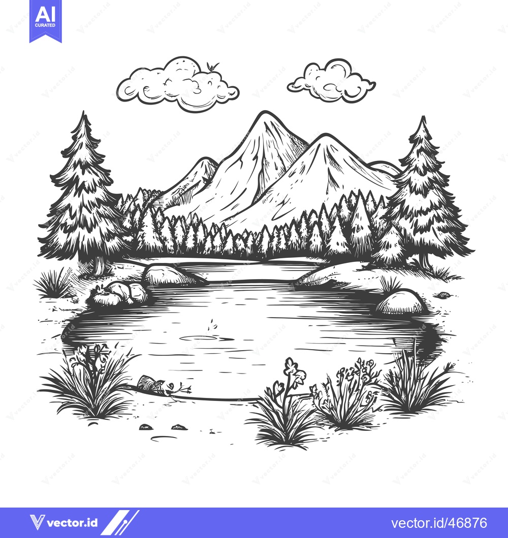Premium Vector dari Hand-Drawn Sketch of a Mountain Lake Surrounded by Trees