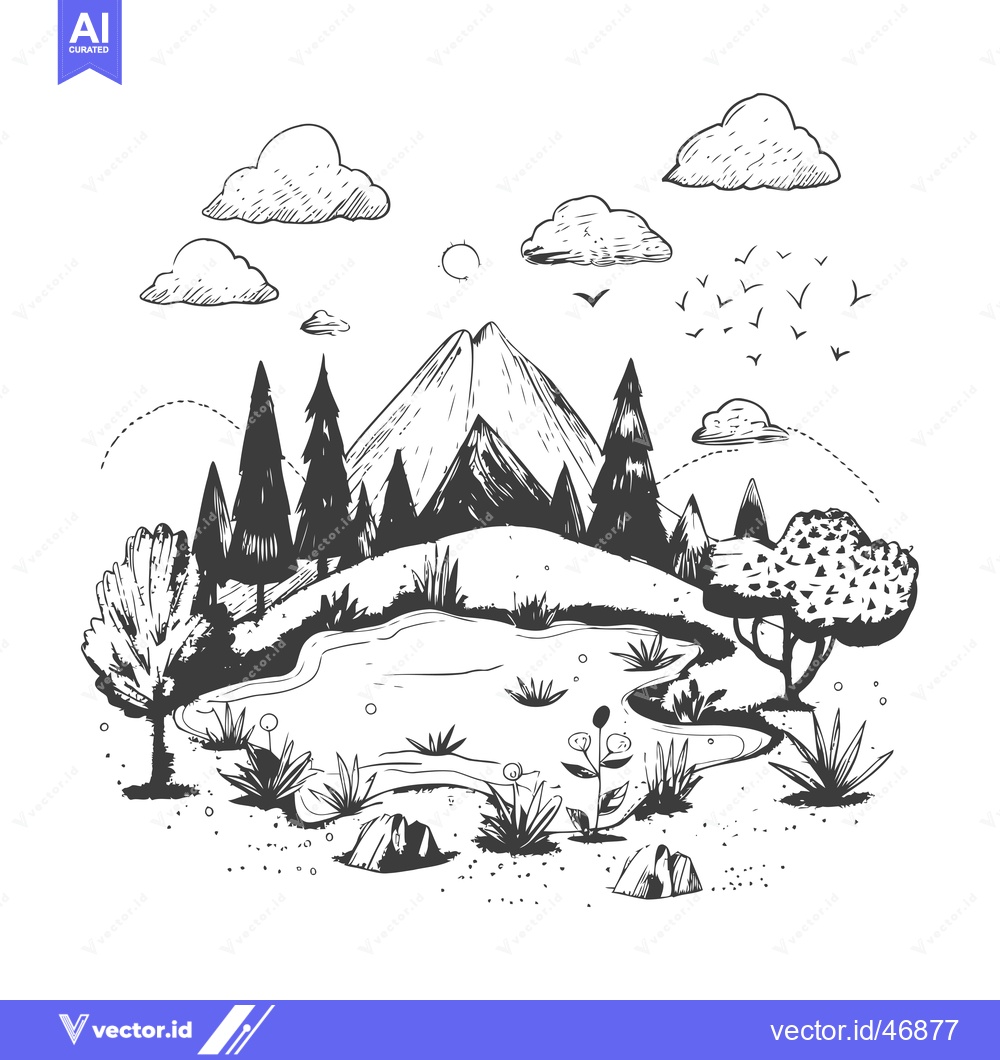 Premium Vector of Hand-Drawn Sketch of a Mountain Landscape with a Pond and Birds in Fli