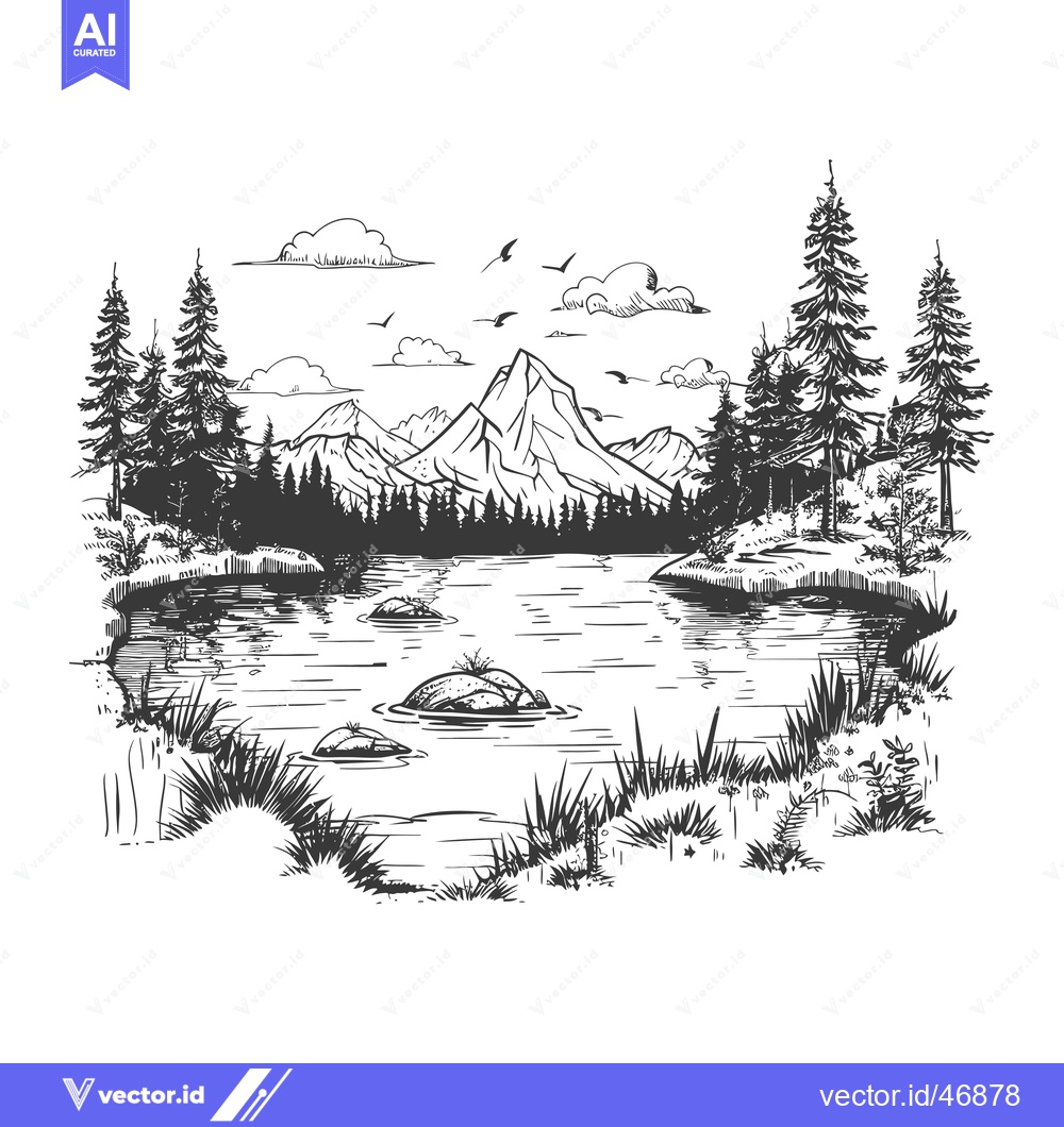 Premium Vector dari Hand-drawn Sketch of a Mountainous Landscape with a Lake and Birds in