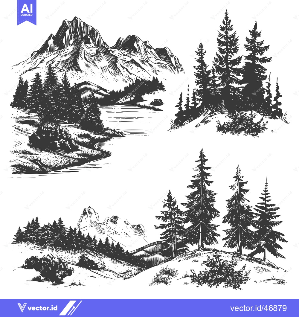 Premium Vector of Hand-drawn Sketch of a Mountainous Landscape with Forests and a River