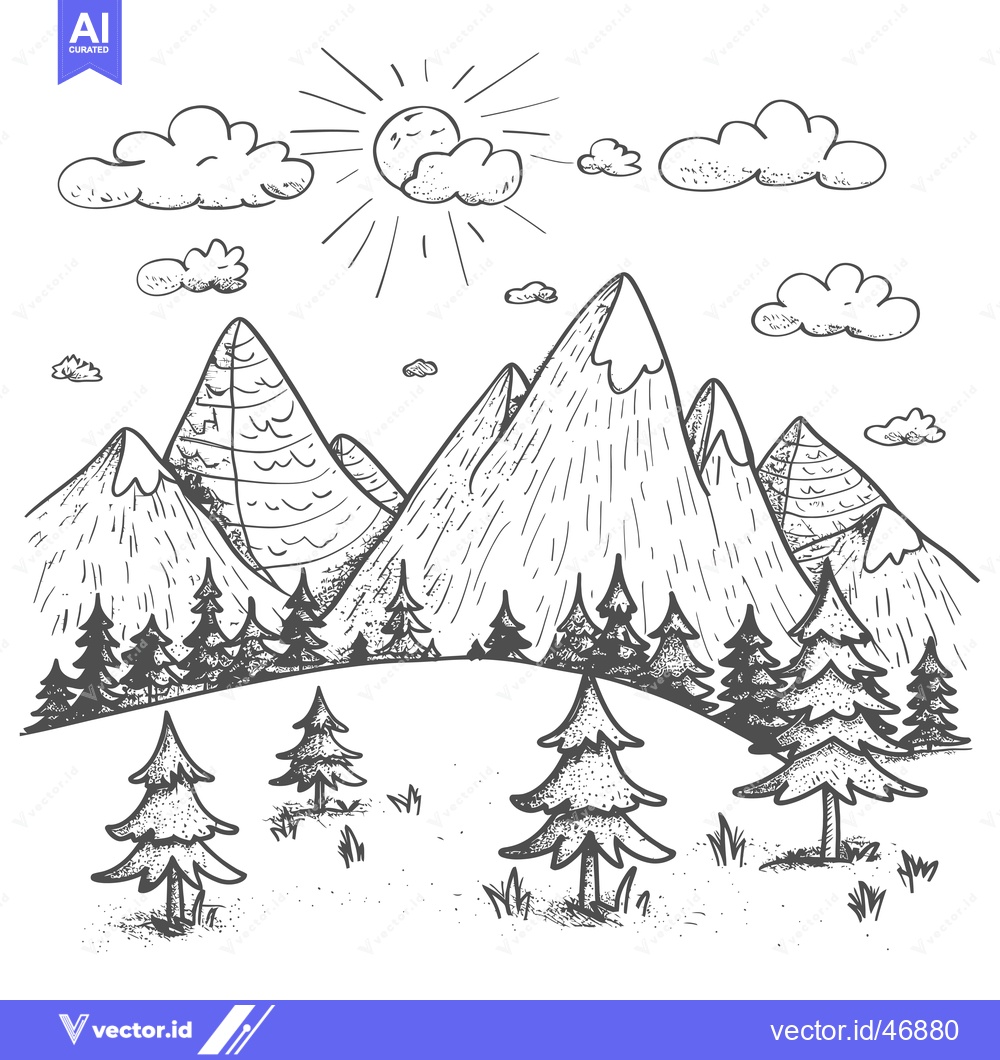 Premium Vector dari Hand-Drawn Sketch of a Mountainous Landscape with Pine Trees and a Sun
