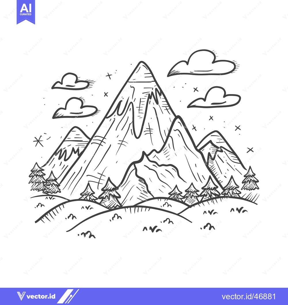 Premium Vector dari Hand-Drawn Sketch of a Mountain Range with Clouds and Trees