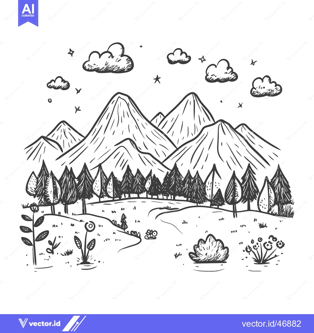 Premium Vector dari Hand-Drawn Sketch of a Mountain Range with Forest and Flowers