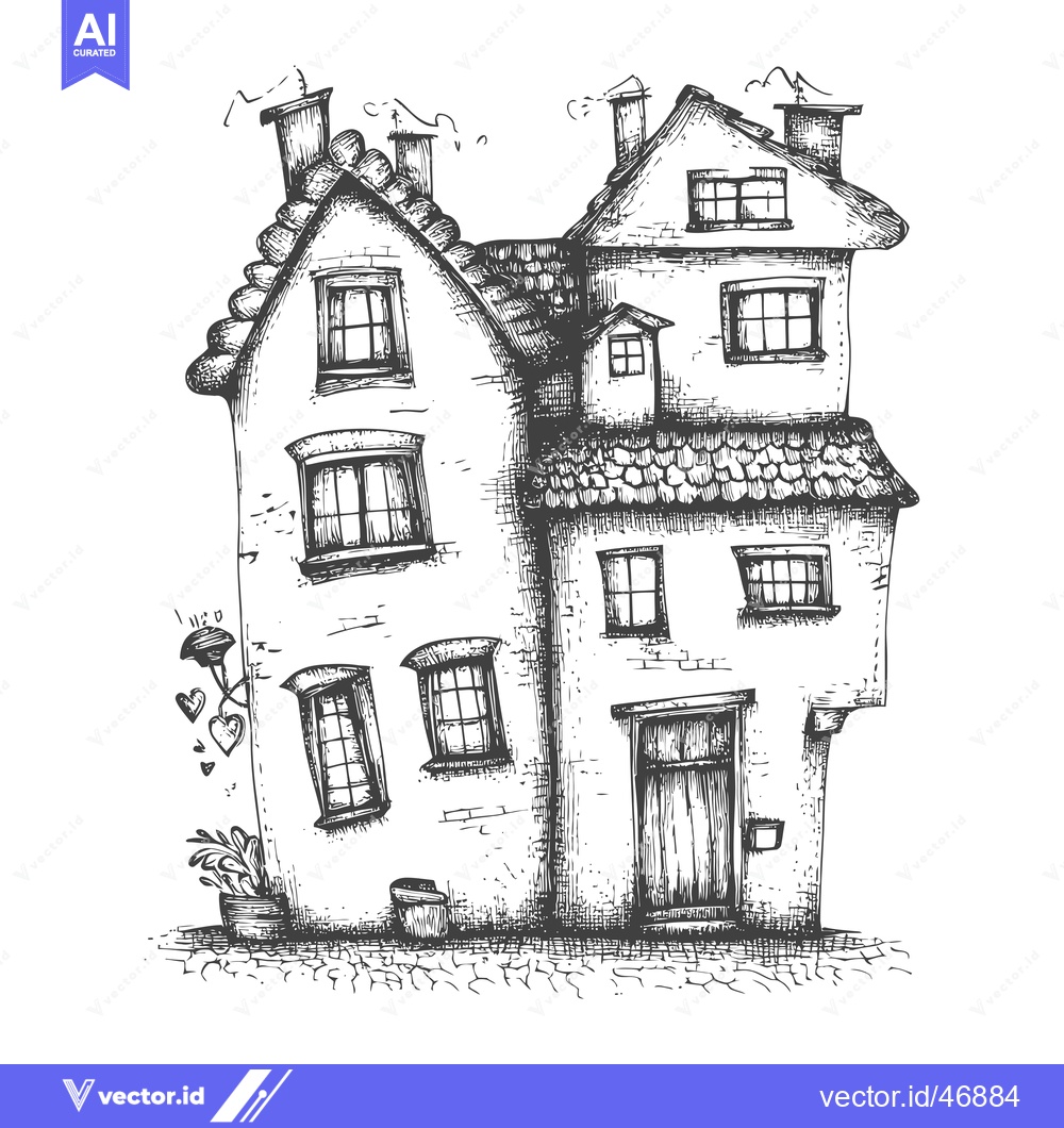 Premium Vector dari Hand-drawn Sketch of a Multi-Story Brick House with Multiple Windows a