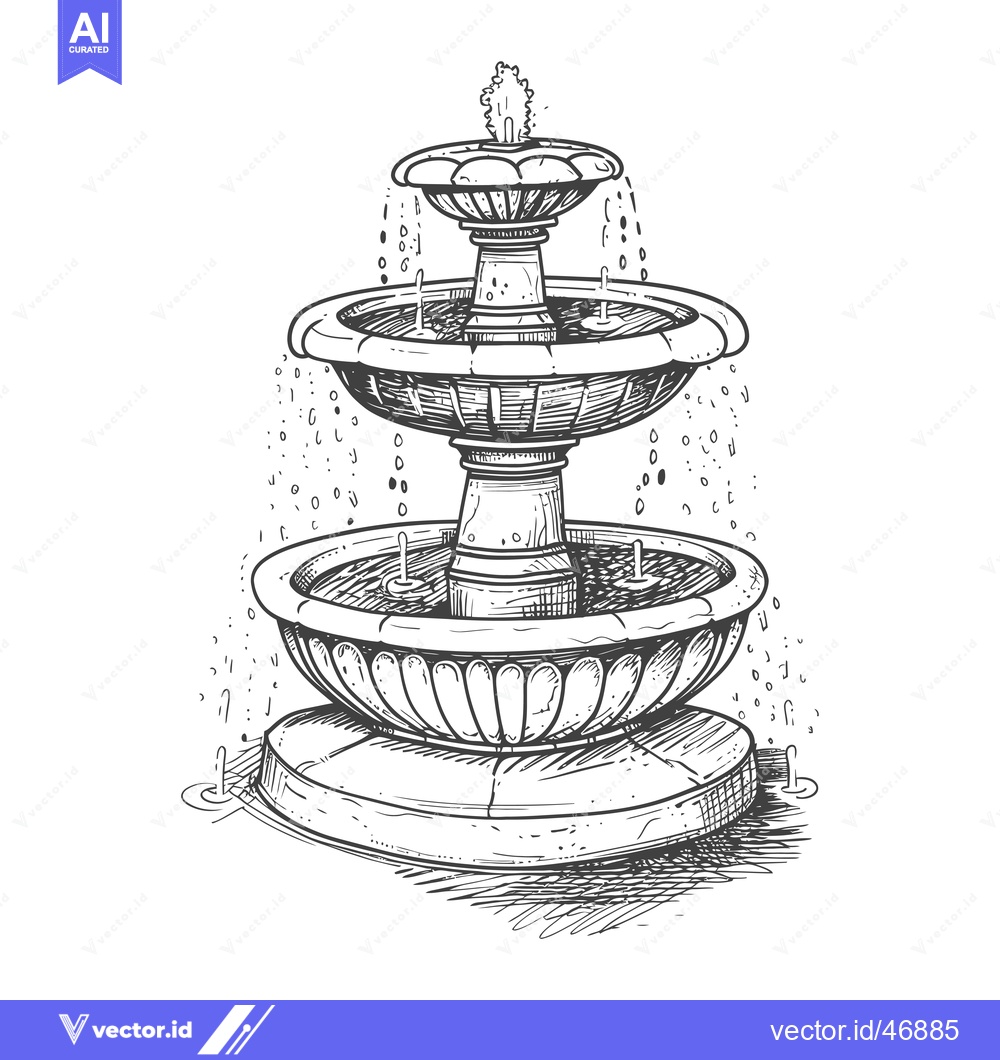 Premium Vector dari Hand-Drawn Sketch of a Multi-Tiered Stone Fountain with Water Flowing