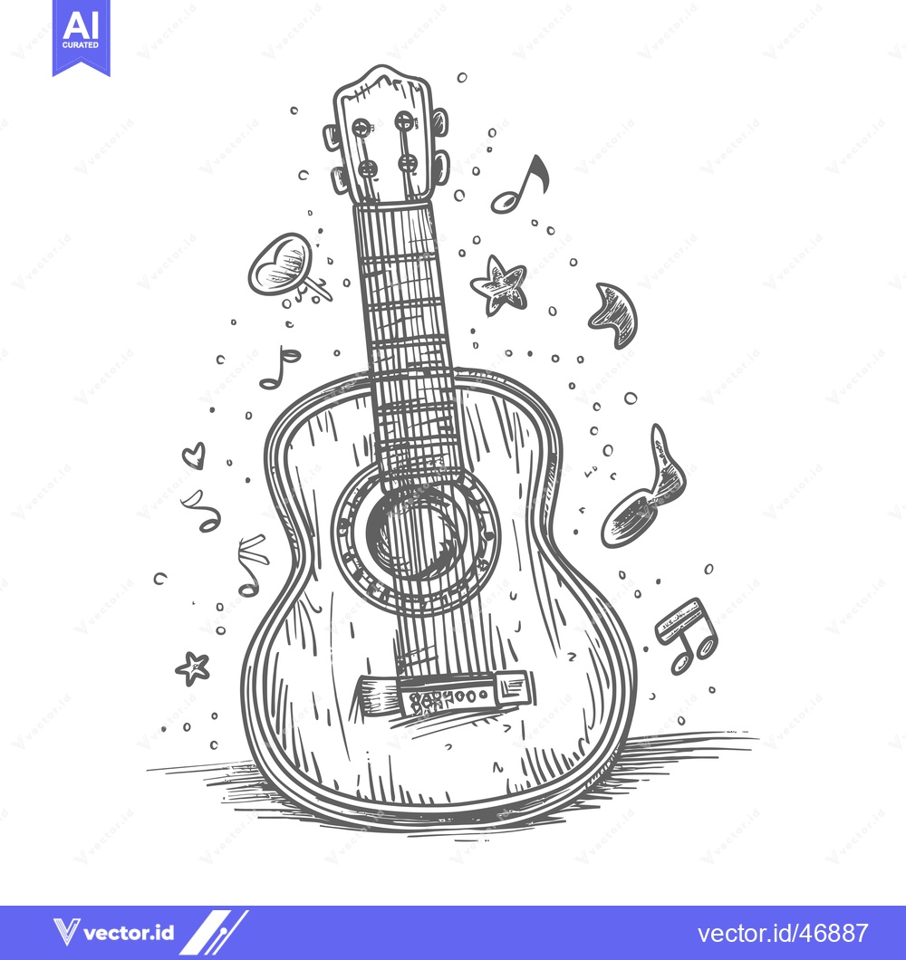 Premium Vector of Hand-Drawn Sketch of an Acoustic Guitar with Musical Notes and Stars S