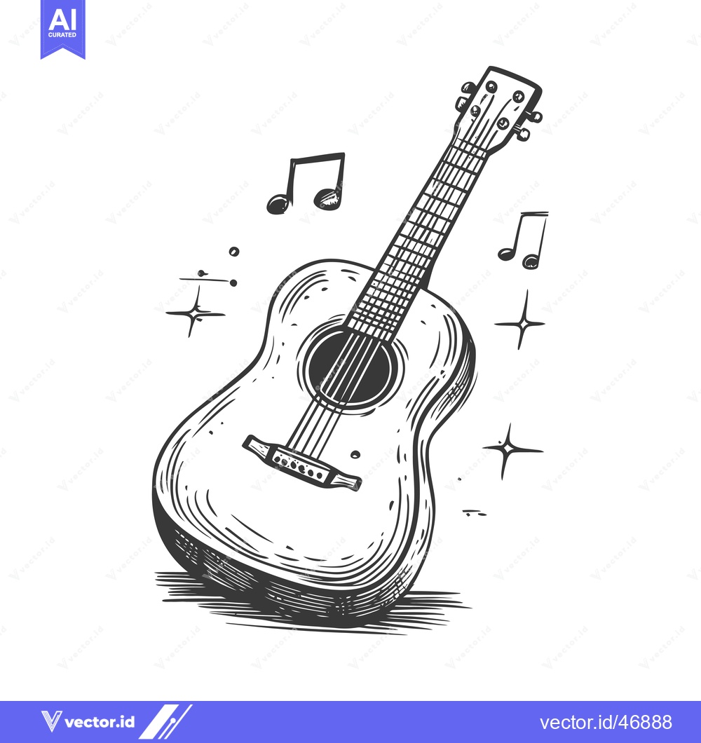 Premium Vector dari Hand-Drawn Sketch of an Acoustic Guitar with Music Notes and Stars