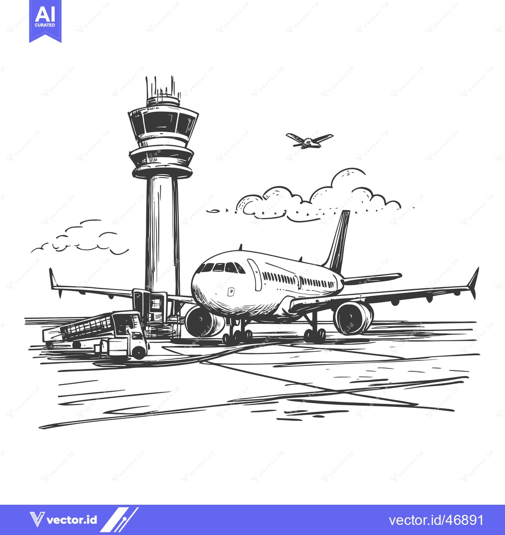 Premium Vector of Hand-Drawn Sketch of an Airplane at an Airport with a Control Tower