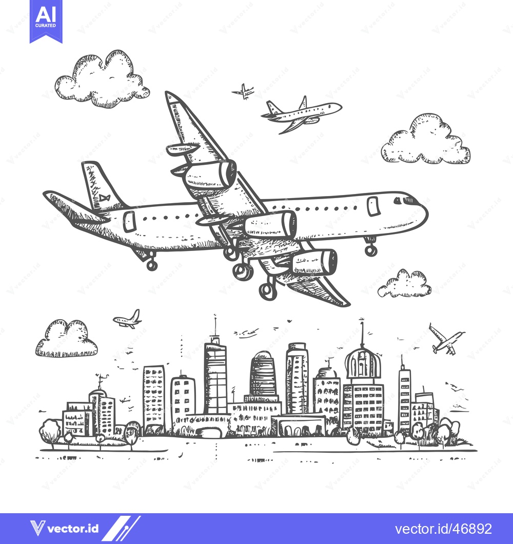 Premium Vector of Hand-drawn sketch of an airplane flying over a city skyline with cloud