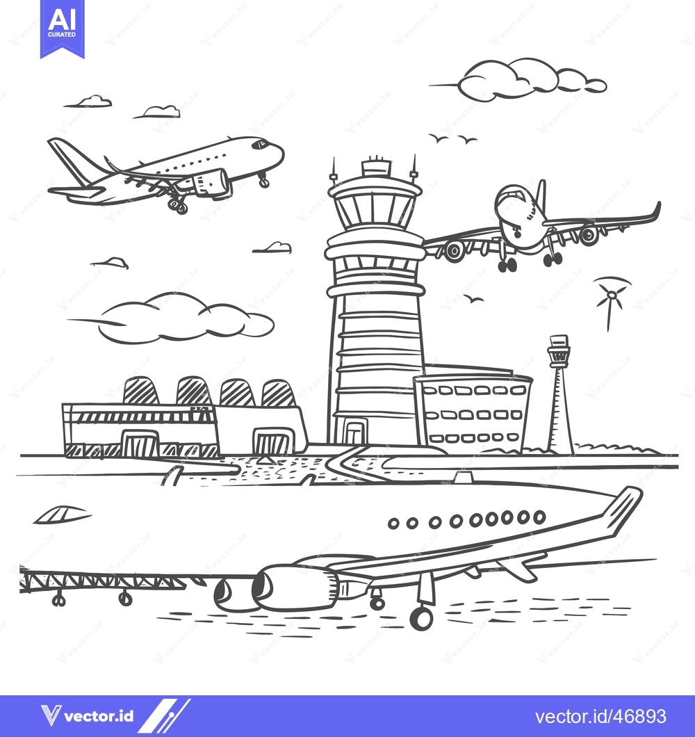 Premium Vector of Hand-drawn Sketch of an Airport with Airplanes and Control Tower