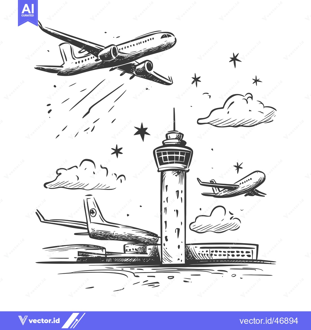Premium Vector dari Hand-drawn Sketch of an Airport with Planes and Control Tower