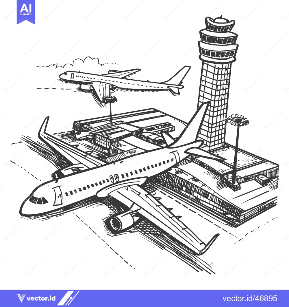 Premium Vector dari Hand-drawn Sketch of an Airport with Two Airplanes and Control Tower