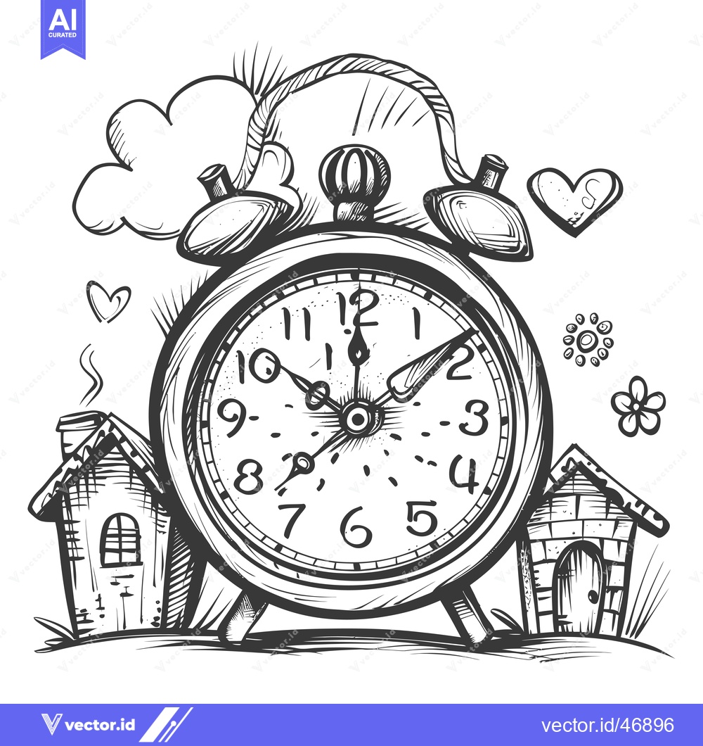 Premium Vector of Hand-drawn sketch of an alarm clock with houses and hearts