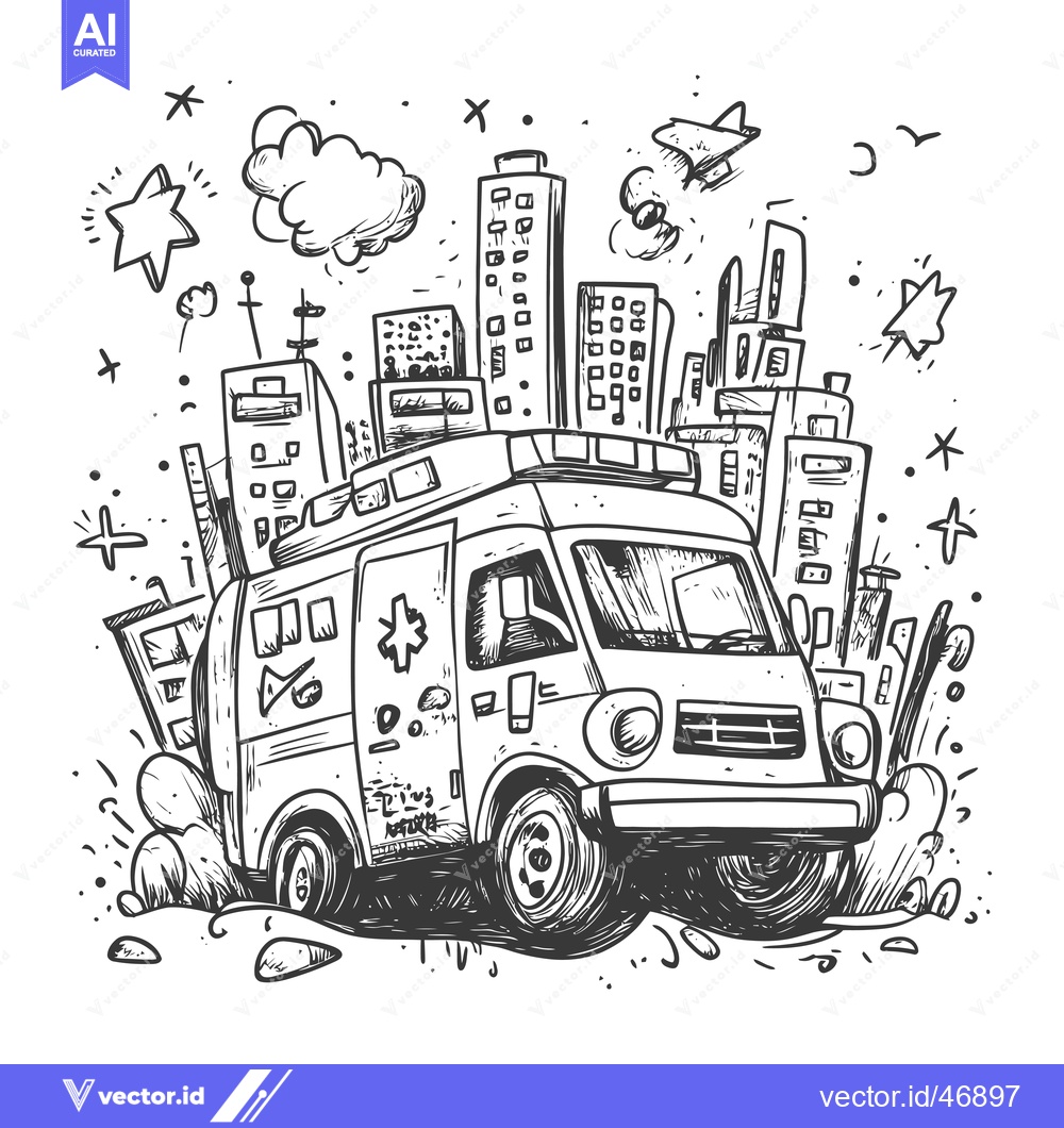 Premium Vector dari Hand-drawn sketch of an ambulance driving through a cityscape
