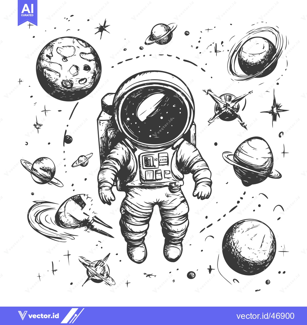 Premium Vector dari Hand-drawn sketch of an astronaut surrounded by planets and stars in s