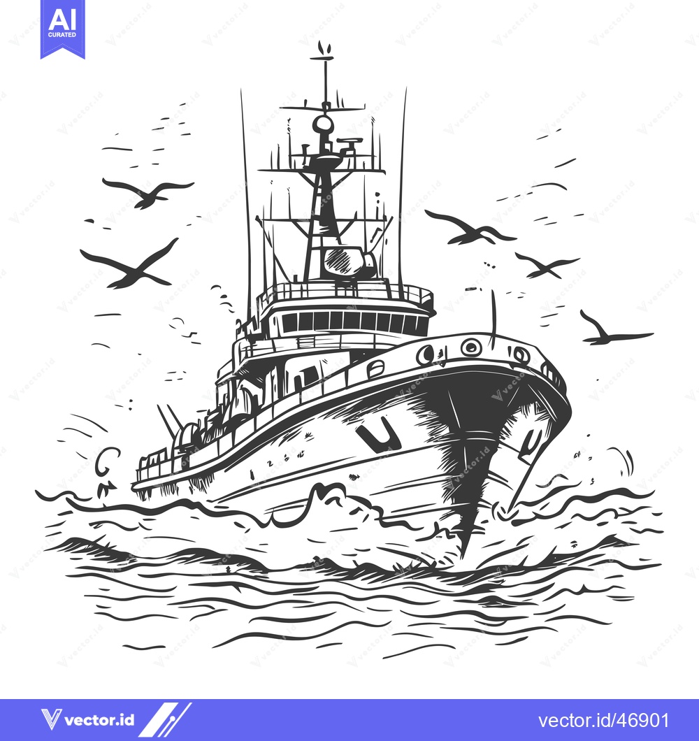 Premium Vector of Hand-drawn sketch of a naval ship sailing on the ocean with seagulls f