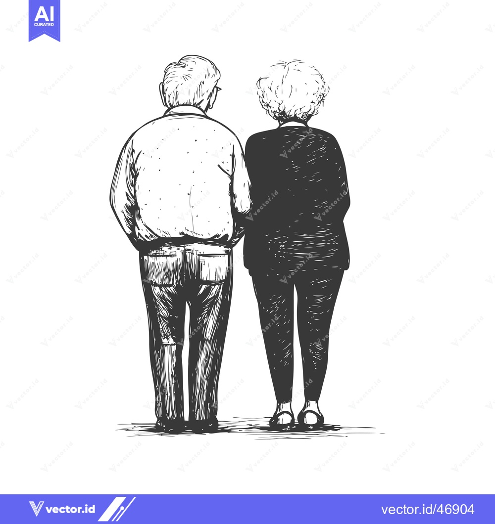 Premium Vector of Hand-drawn sketch of an elderly couple walking together, seen from beh