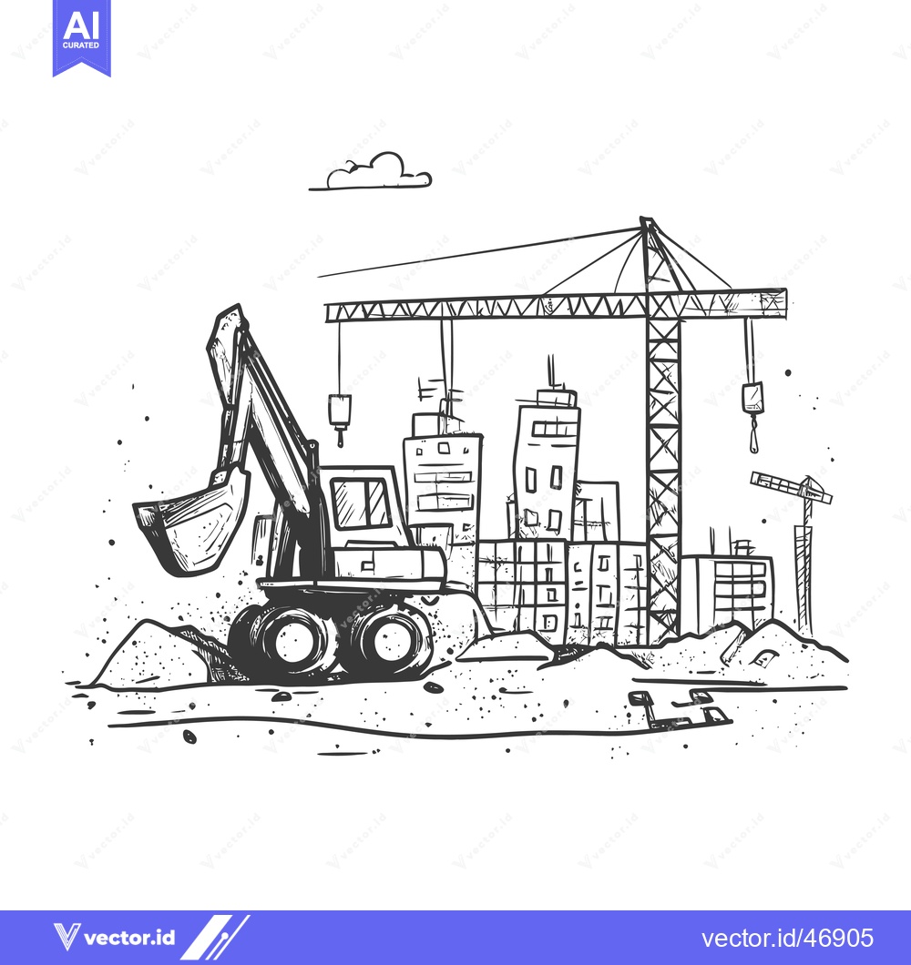 Premium Vector dari Hand-drawn sketch of an excavator and a crane working on a constructio