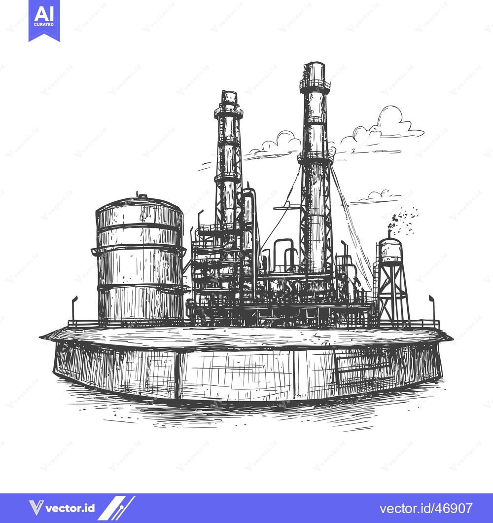 Premium Vector dari Hand-Drawn Sketch of an Industrial Complex with Tall Chimneys and Stor