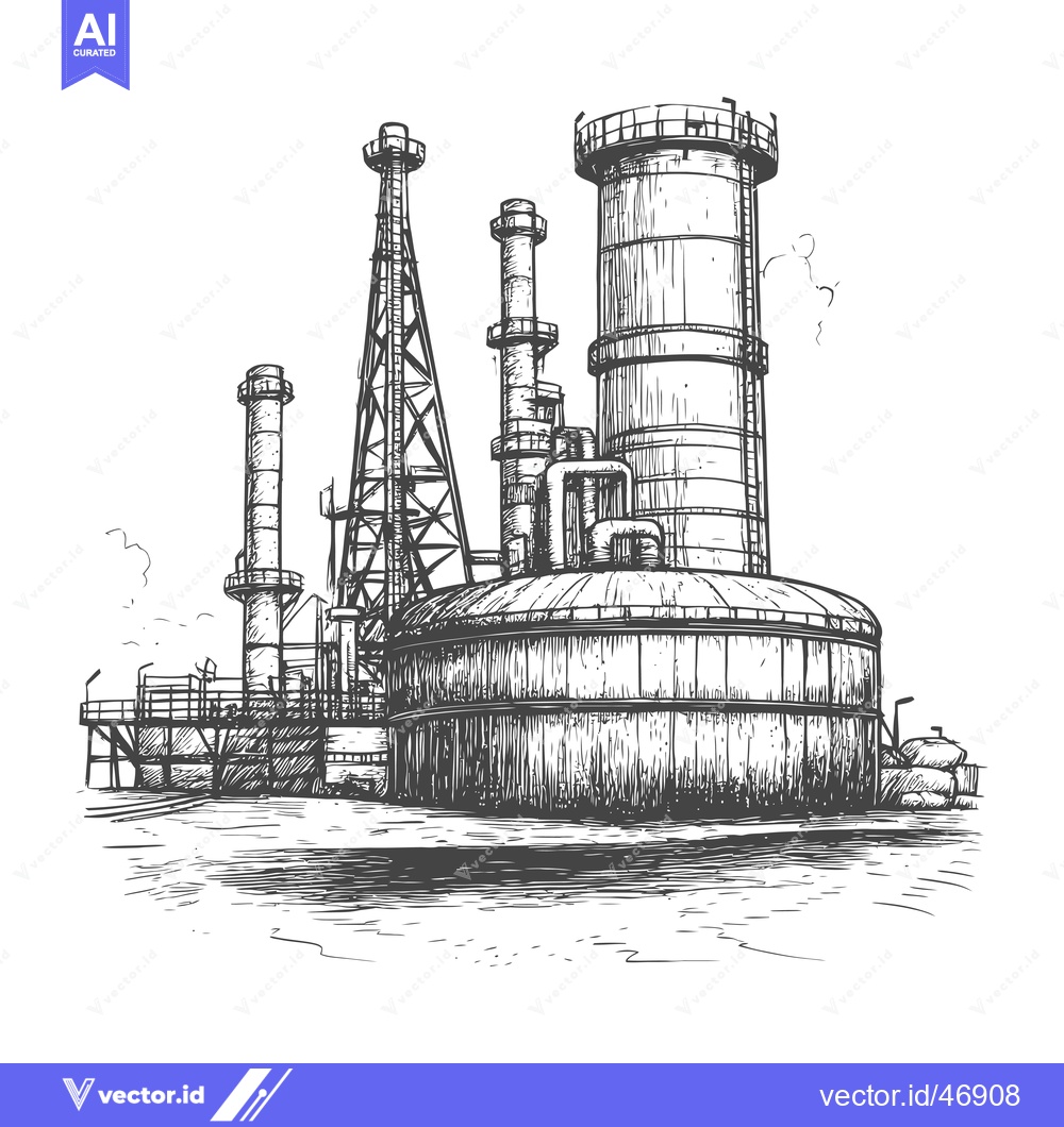 Premium Vector of Hand-drawn sketch of an industrial complex with tall chimneys and tank