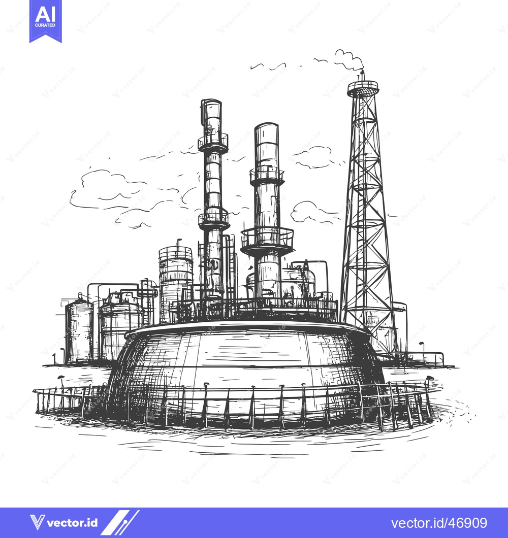 Premium Vector of Hand-drawn Sketch of an Industrial Facility with Tall Chimneys and a L