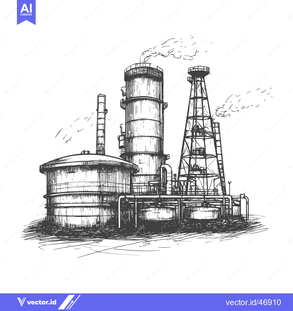 Premium Vector dari Hand-drawn sketch of an industrial facility with tall cylindrical towe