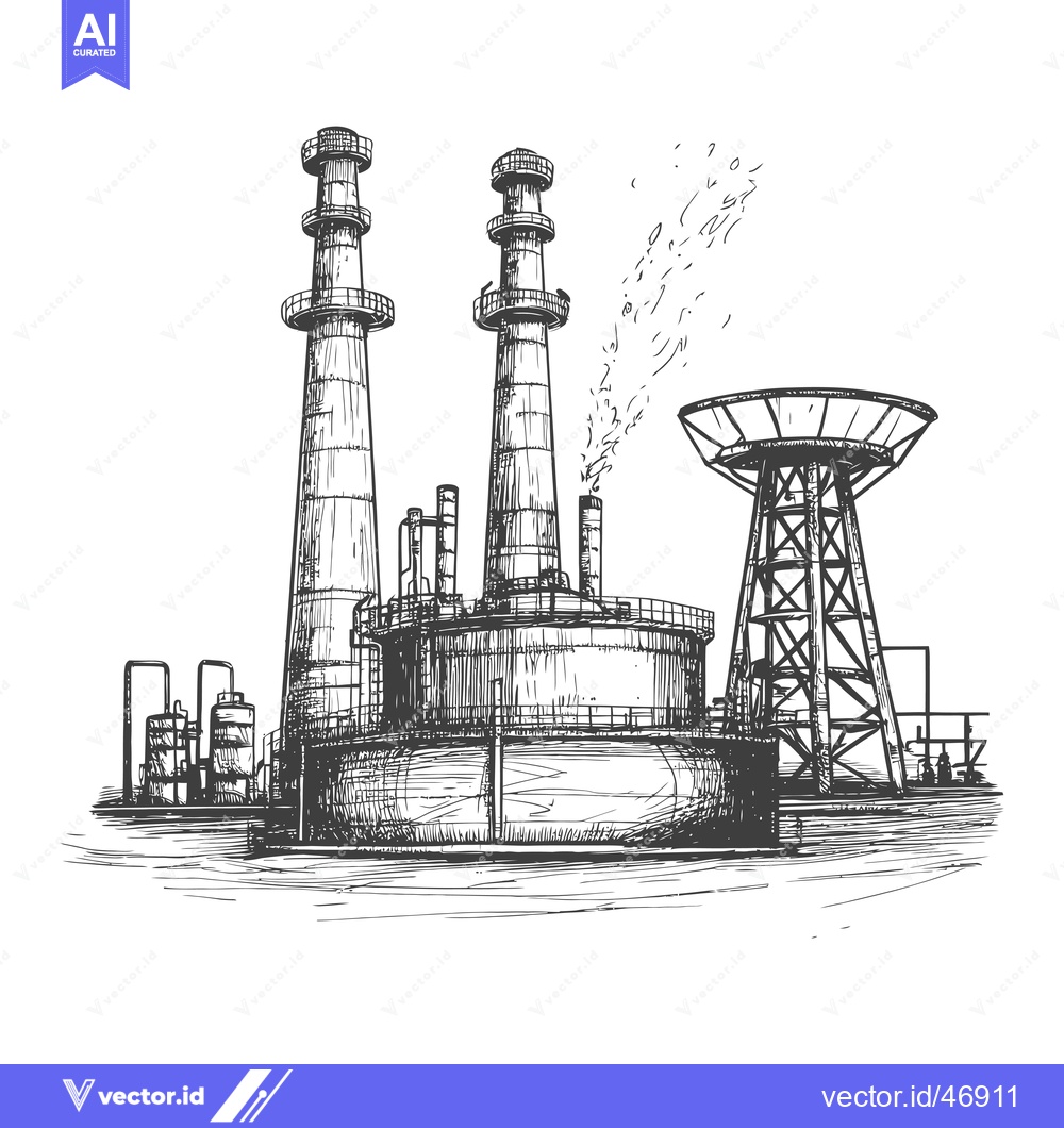 Premium Vector dari Hand-Drawn Sketch of an Industrial Factory with Tall Chimneys and a La