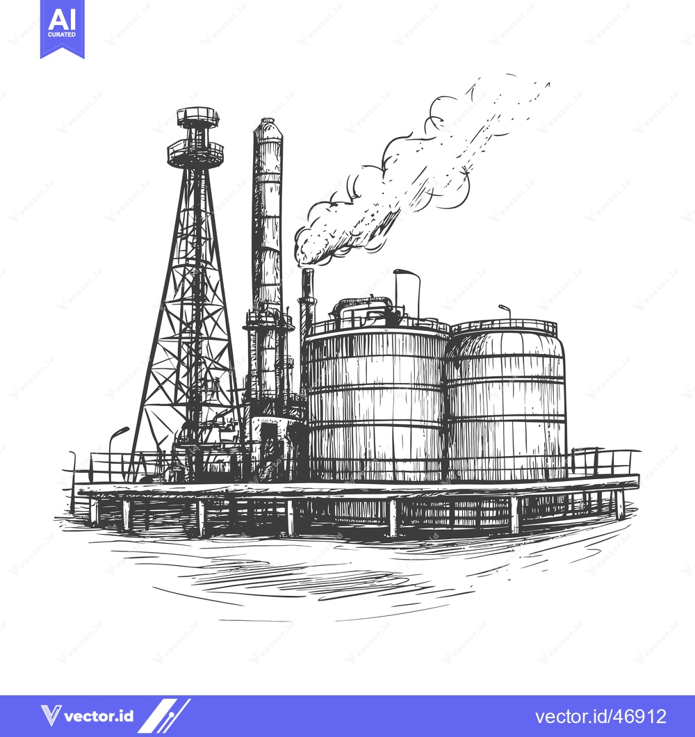 Premium Vector of Hand-drawn sketch of an industrial oil refinery with smoke stacks and