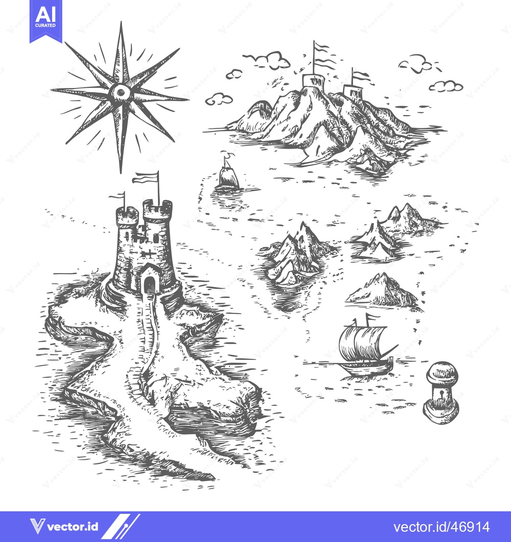 Premium Vector dari Hand-drawn Sketch of an Island with a Tower, Ships, and a Compass Rose