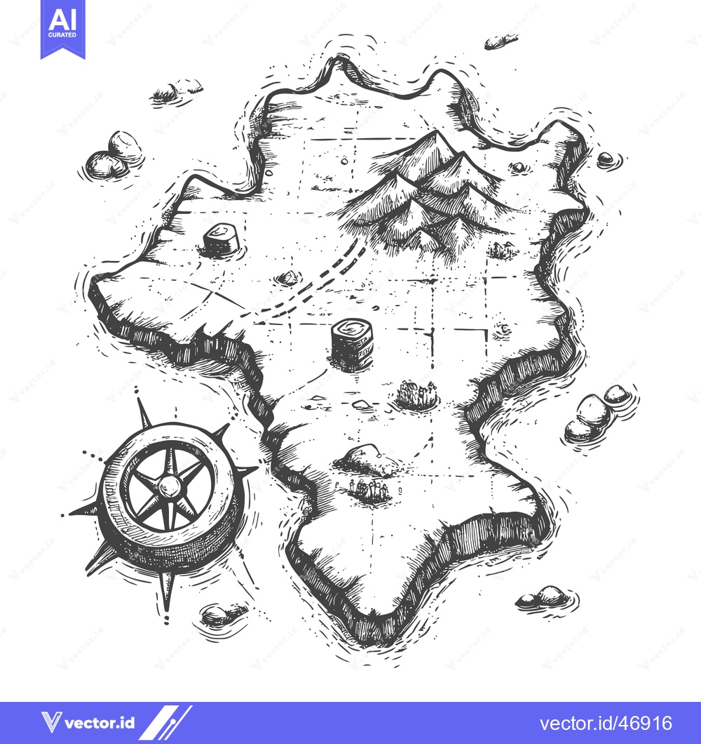 Premium Vector dari Hand-Drawn Sketch of an Island with Mountains and a Compass