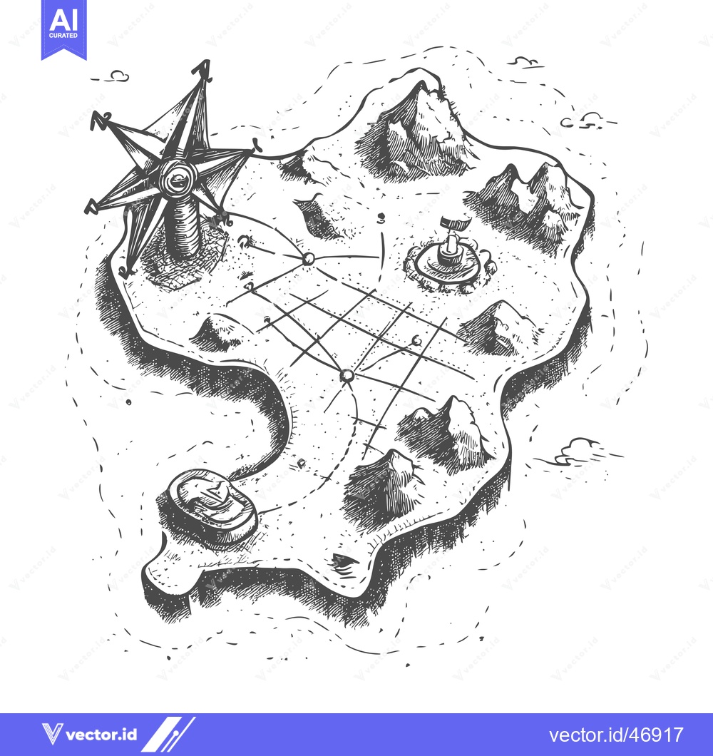 Premium Vector dari Hand-Drawn Sketch of an Island with Mountains, Compass, and a Gridded