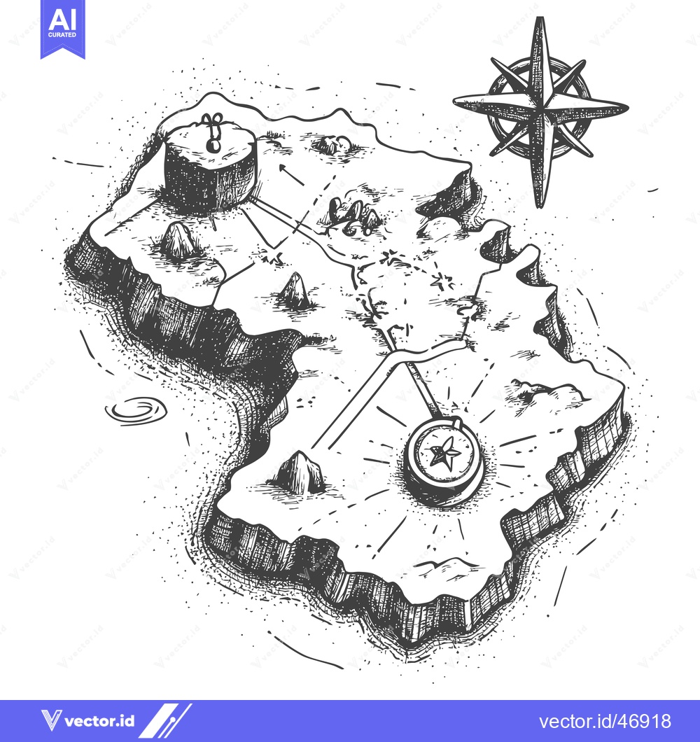 Premium Vector of Hand-Drawn Sketch of an Island with Two Compasses and a Winding Path