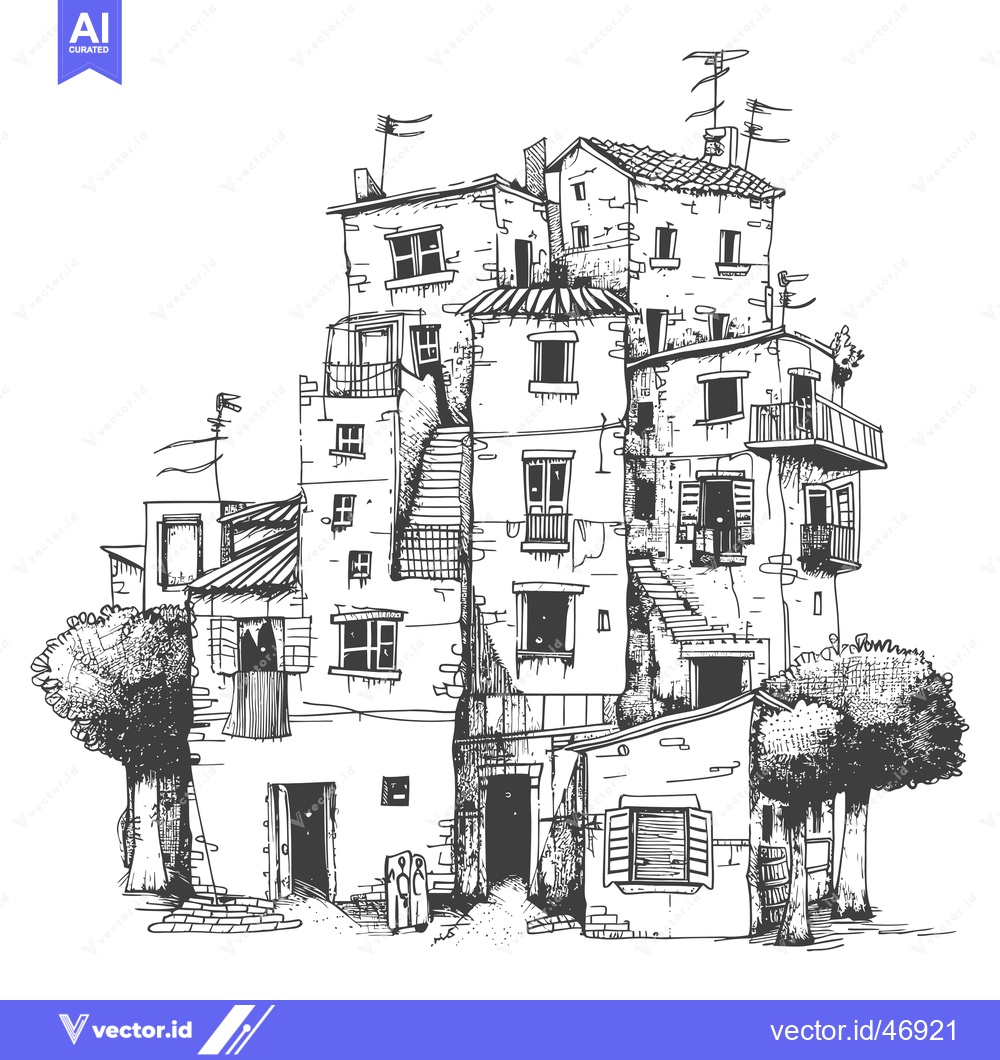 Premium Vector of Hand-drawn sketch of an old European building with balconies and trees