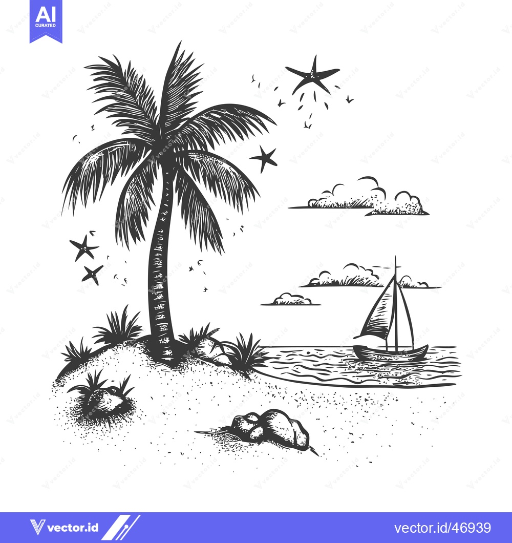 Premium Vector dari Hand-Drawn Sketch of a Palm Tree on a Beach with a Sailboat in the Dis