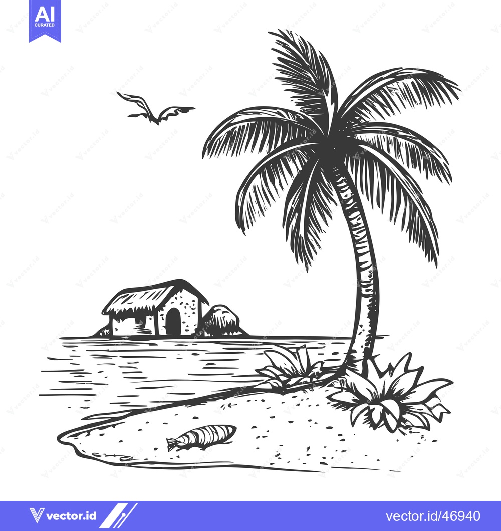 Premium Vector of Hand-drawn Sketch of a Palm Tree on a Tropical Island with a Small Hut