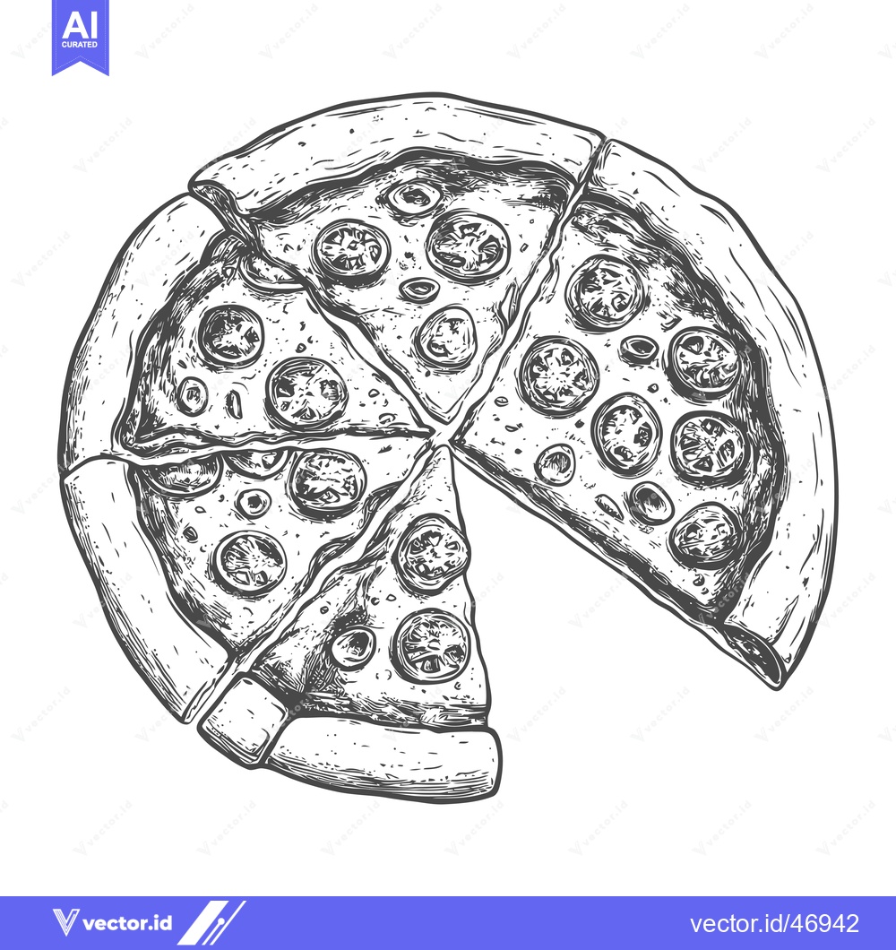 Premium Vector of Hand-Drawn Sketch of a Partially Eaten Pizza with Tomatoes